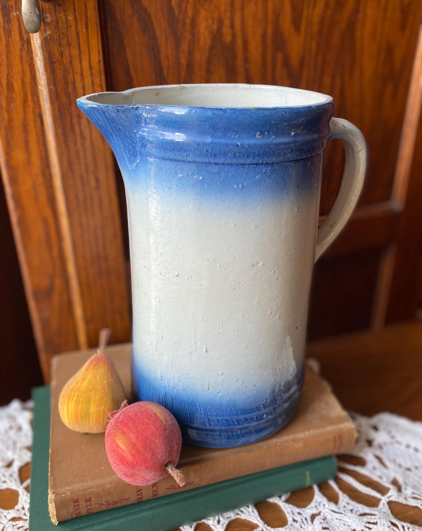 Antique Blue & White Salt-Glaze Pottery Pitcher