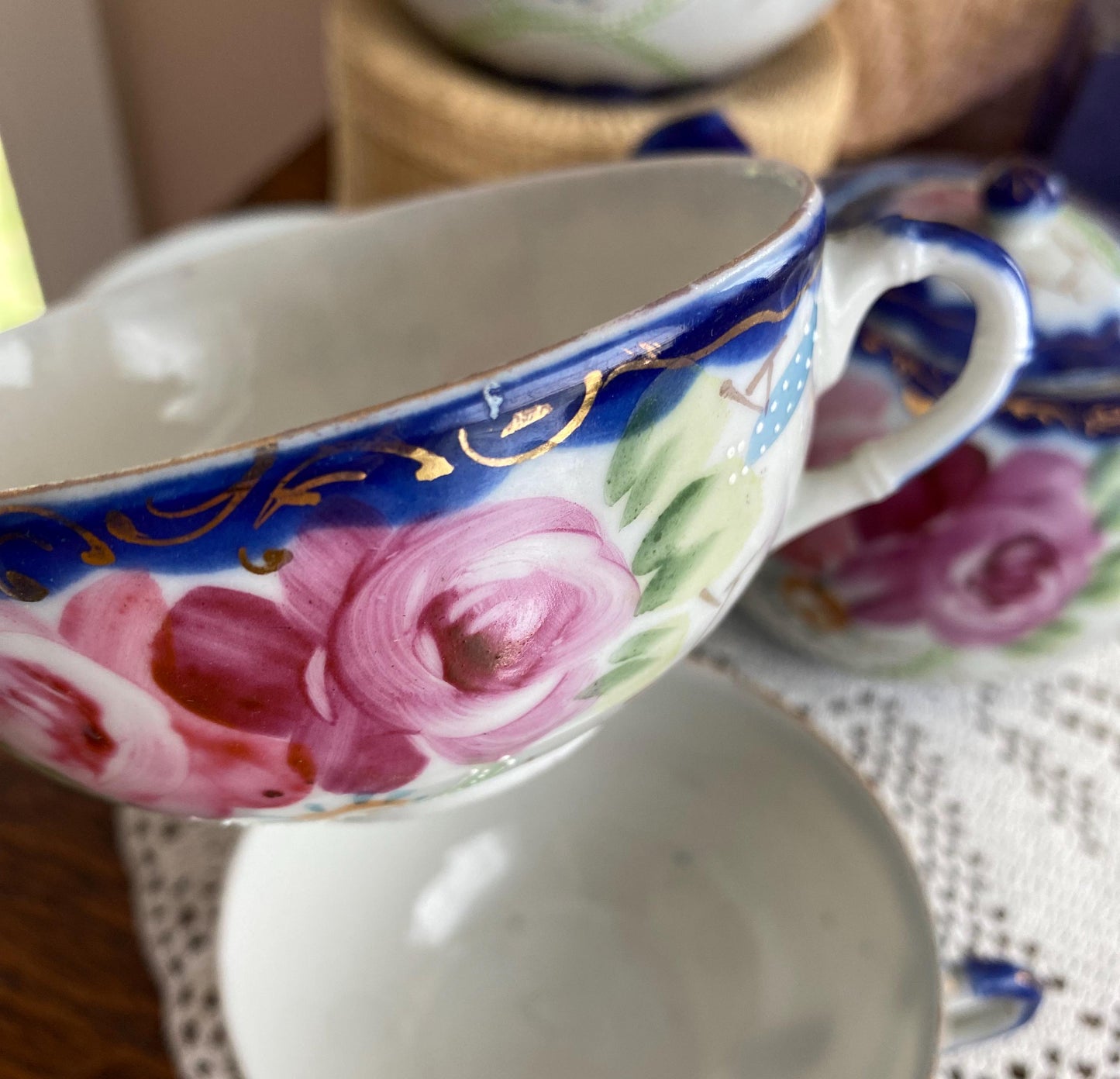 Nippon Tea Set, Teapot, Sugar Bowl, 3 Teacups, Japan, Hand-painted