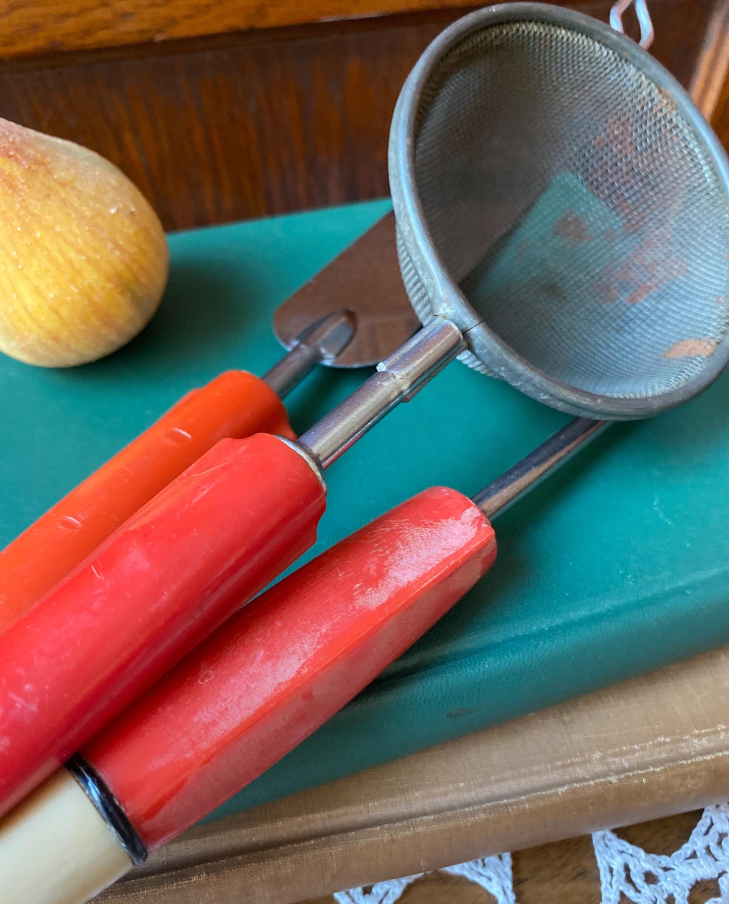 Set of 3 Bakelite Kitchen Tools, MCM Bakelite, Icing Spatula, Ladle, Sifter