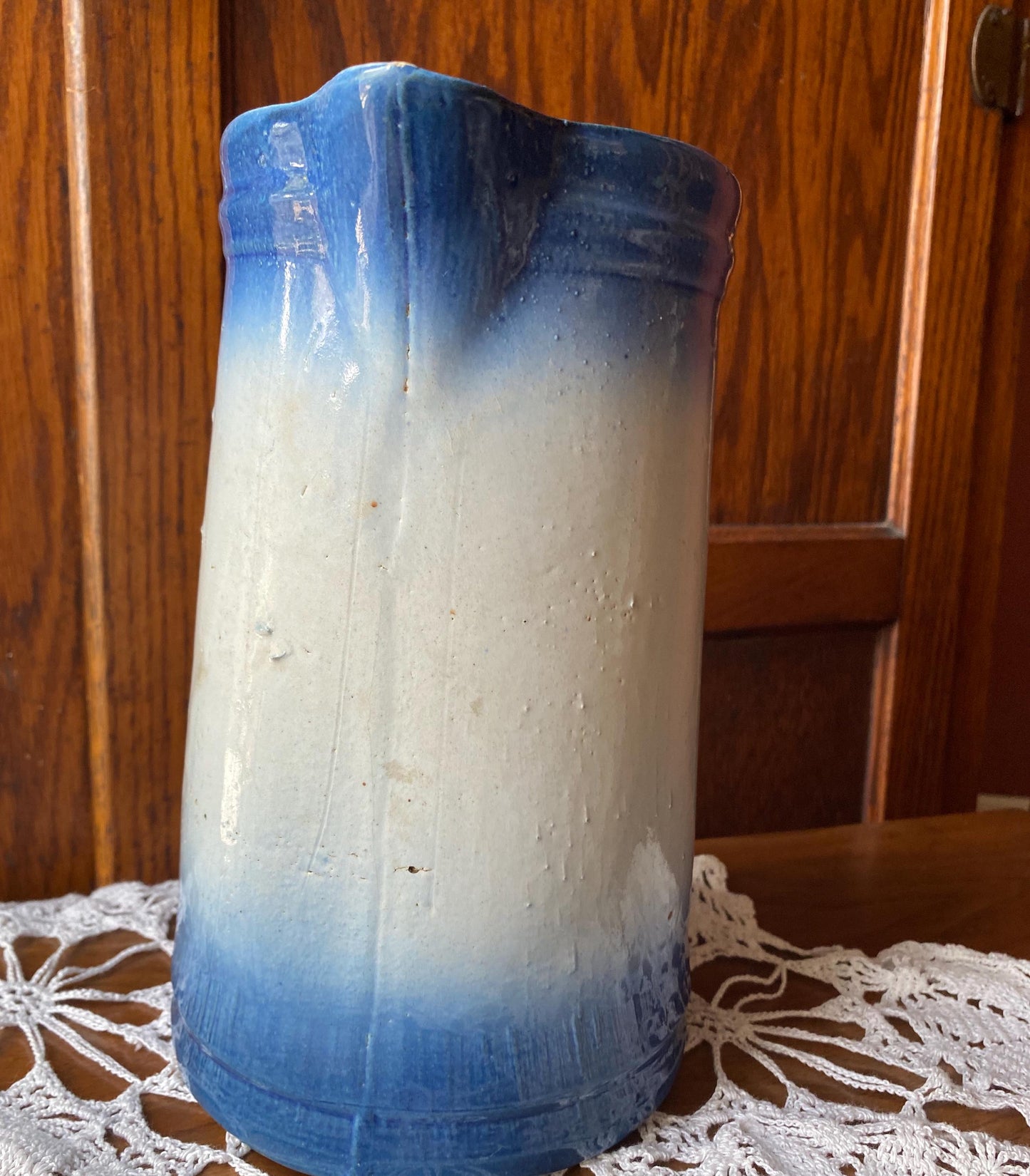 Antique Blue & White Salt-Glaze Pottery Pitcher