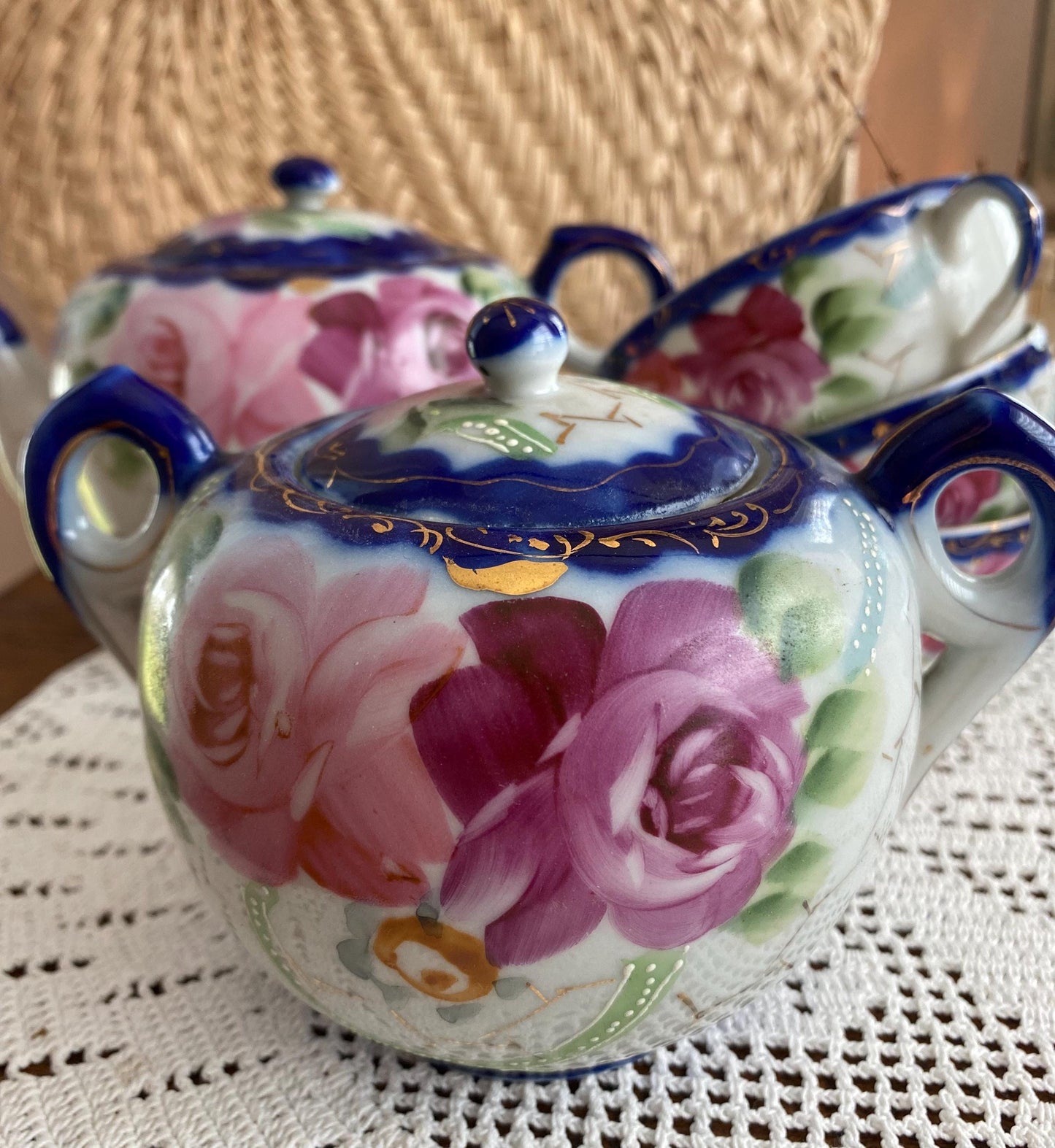 Nippon Tea Set, Teapot, Sugar Bowl, 3 Teacups, Japan, Hand-painted