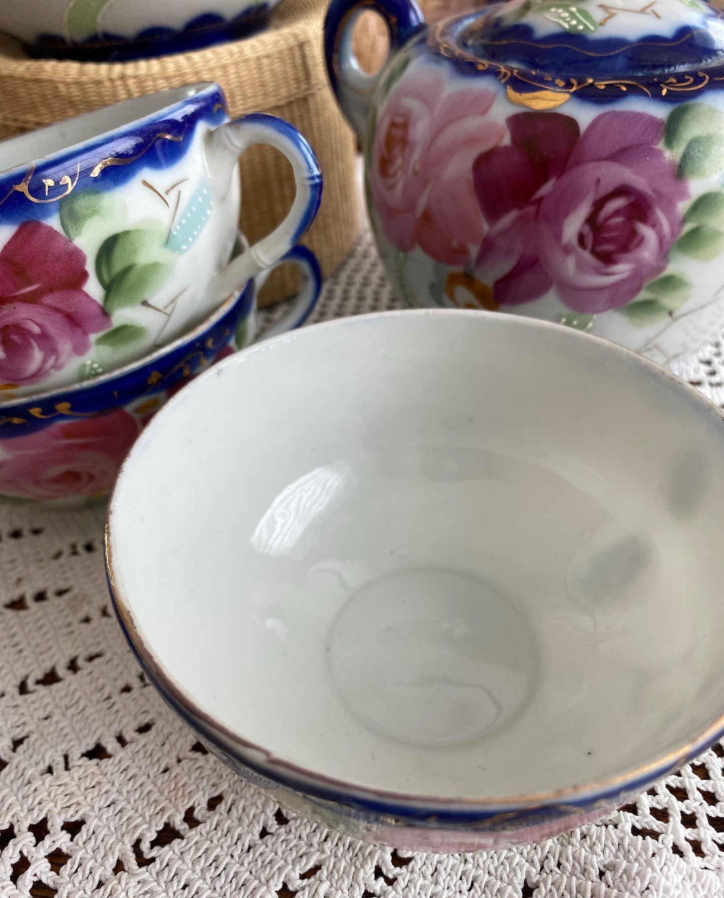 Nippon Tea Set, Teapot, Sugar Bowl, 3 Teacups, Japan, Hand-painted