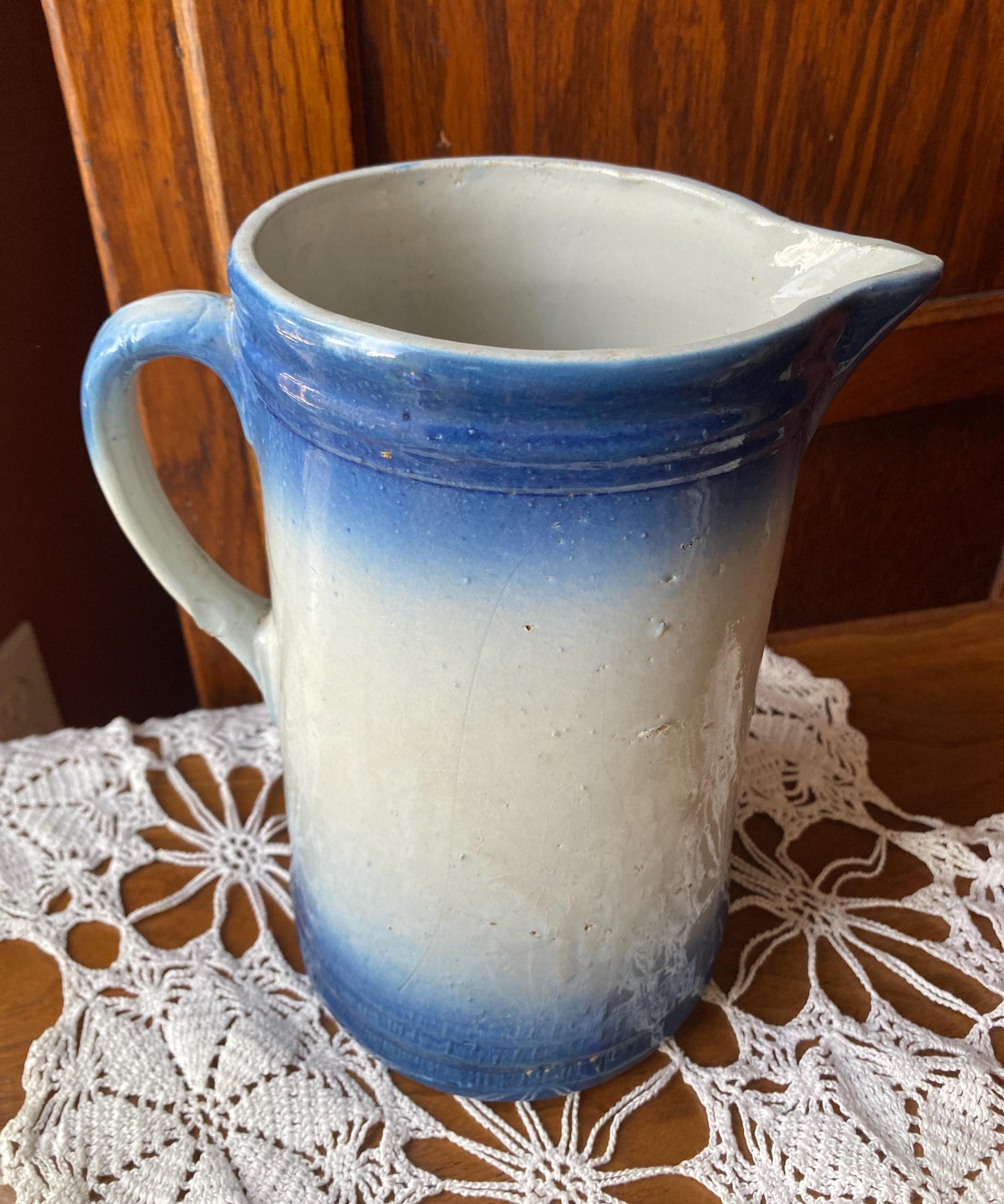 Antique Blue & White Salt-Glaze Pottery Pitcher