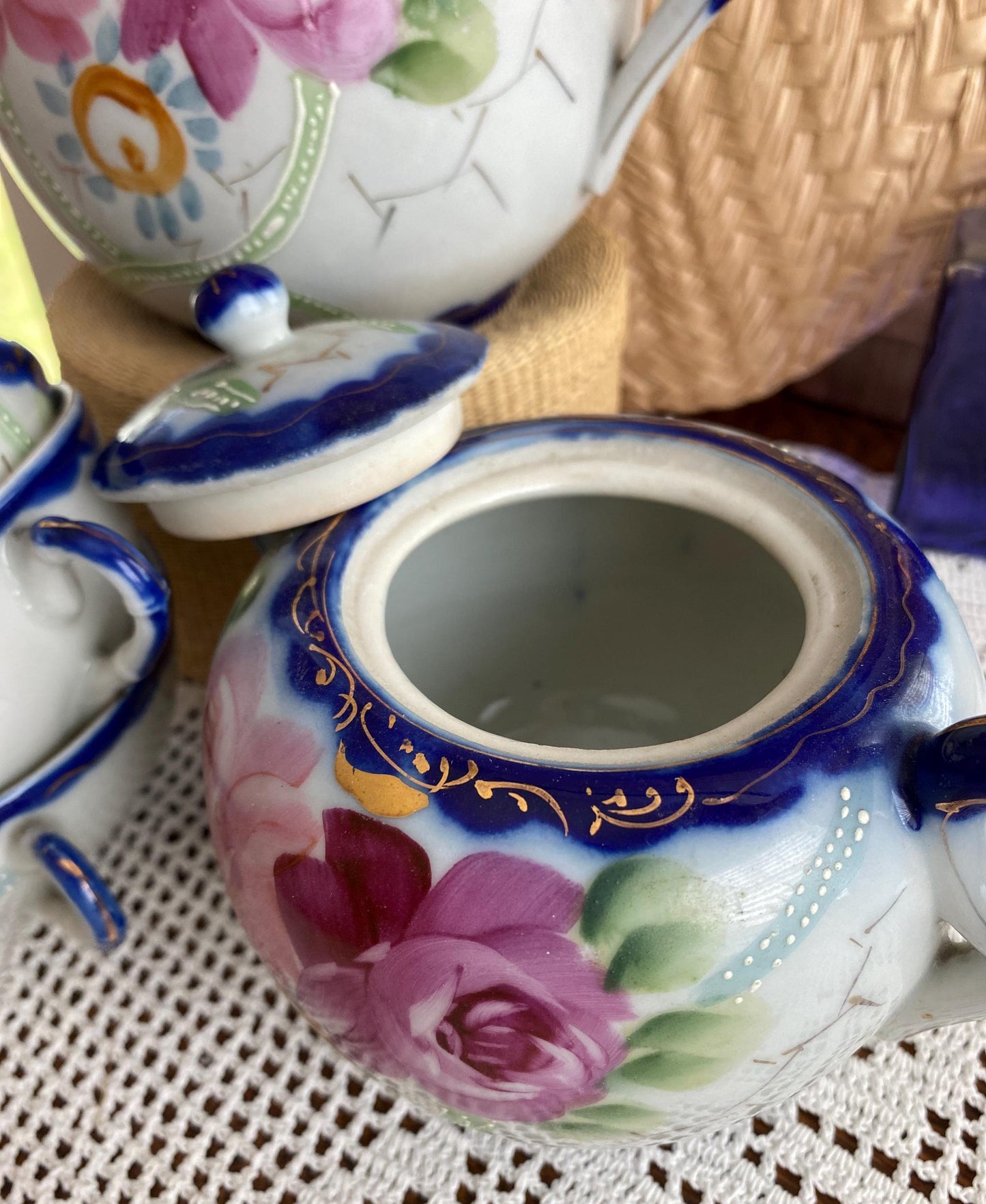 Nippon Tea Set, Teapot, Sugar Bowl, 3 Teacups, Japan, Hand-painted