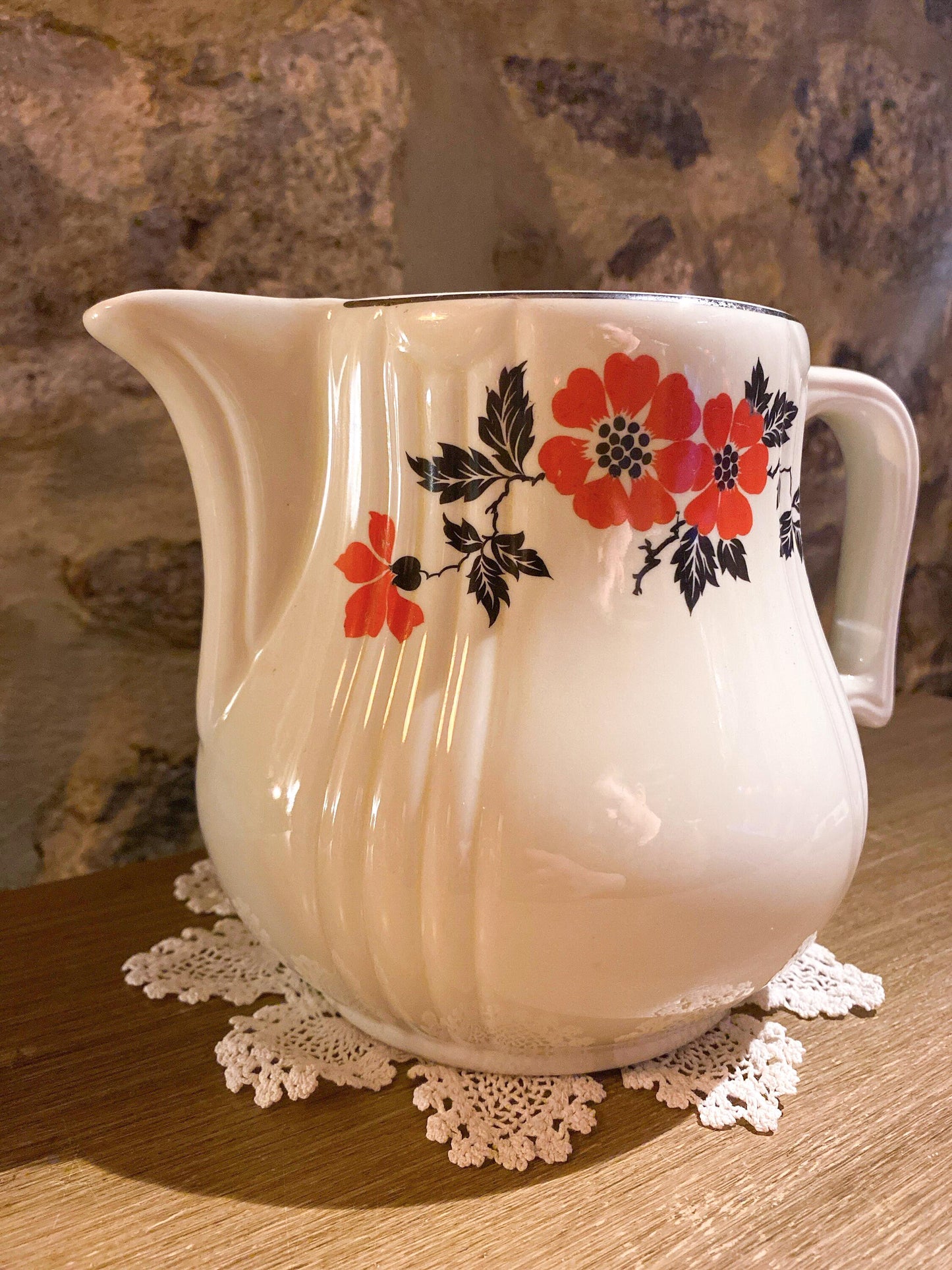 Vintage, Hall’s Pitcher, Cream with Floral Motif, 1940-50s, Ceramic