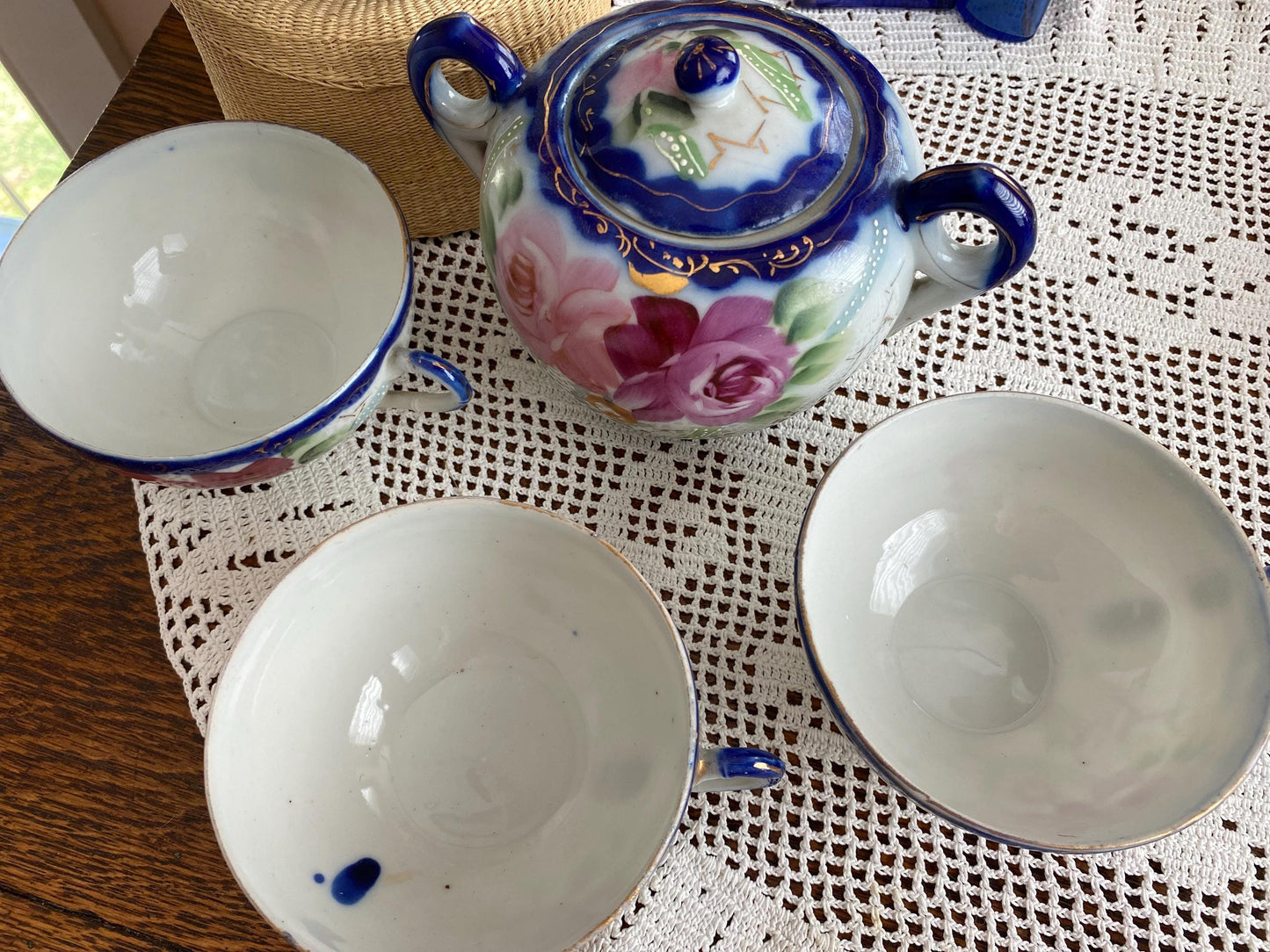 Nippon Tea Set, Teapot, Sugar Bowl, 3 Teacups, Japan, Hand-painted