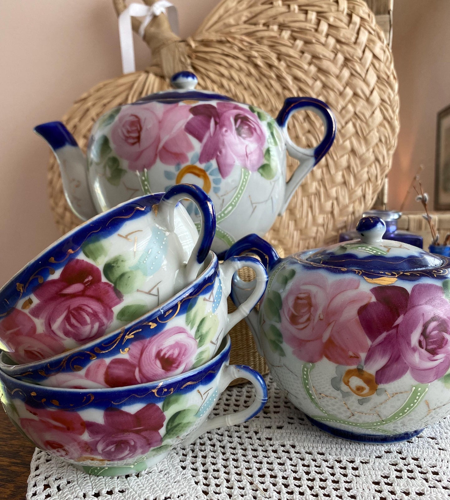 Nippon Tea Set, Teapot, Sugar Bowl, 3 Teacups, Japan, Hand-painted