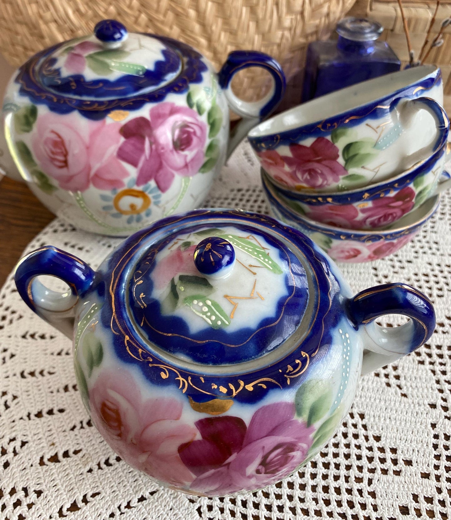 Nippon Tea Set, Teapot, Sugar Bowl, 3 Teacups, Japan, Hand-painted