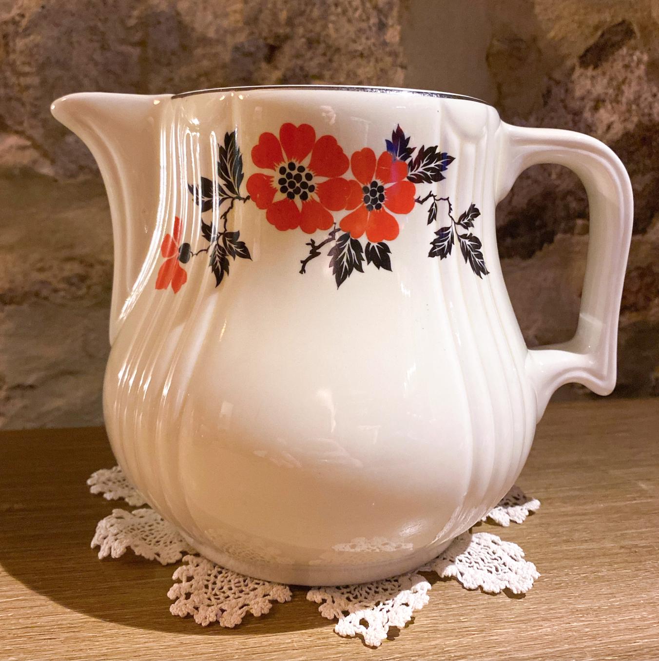 Vintage, Hall’s Pitcher, Cream with Floral Motif, 1940-50s, Ceramic