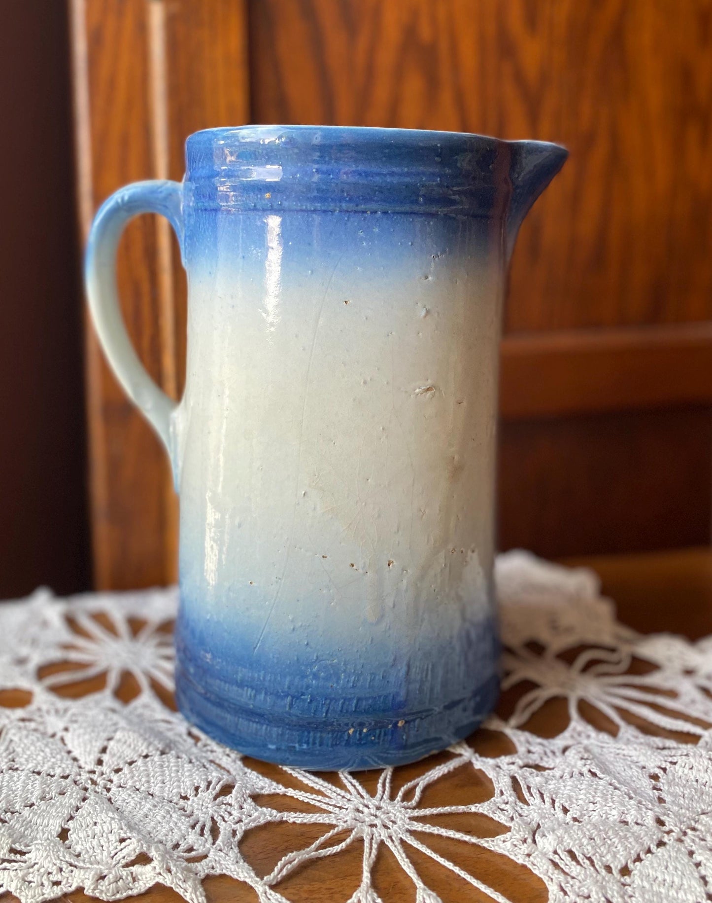 Antique Blue & White Salt-Glaze Pottery Pitcher