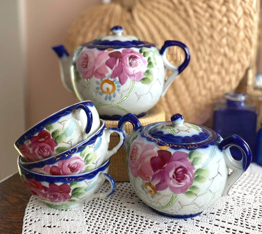 Nippon Tea Set, Teapot, Sugar Bowl, 3 Teacups, Japan, Hand-painted