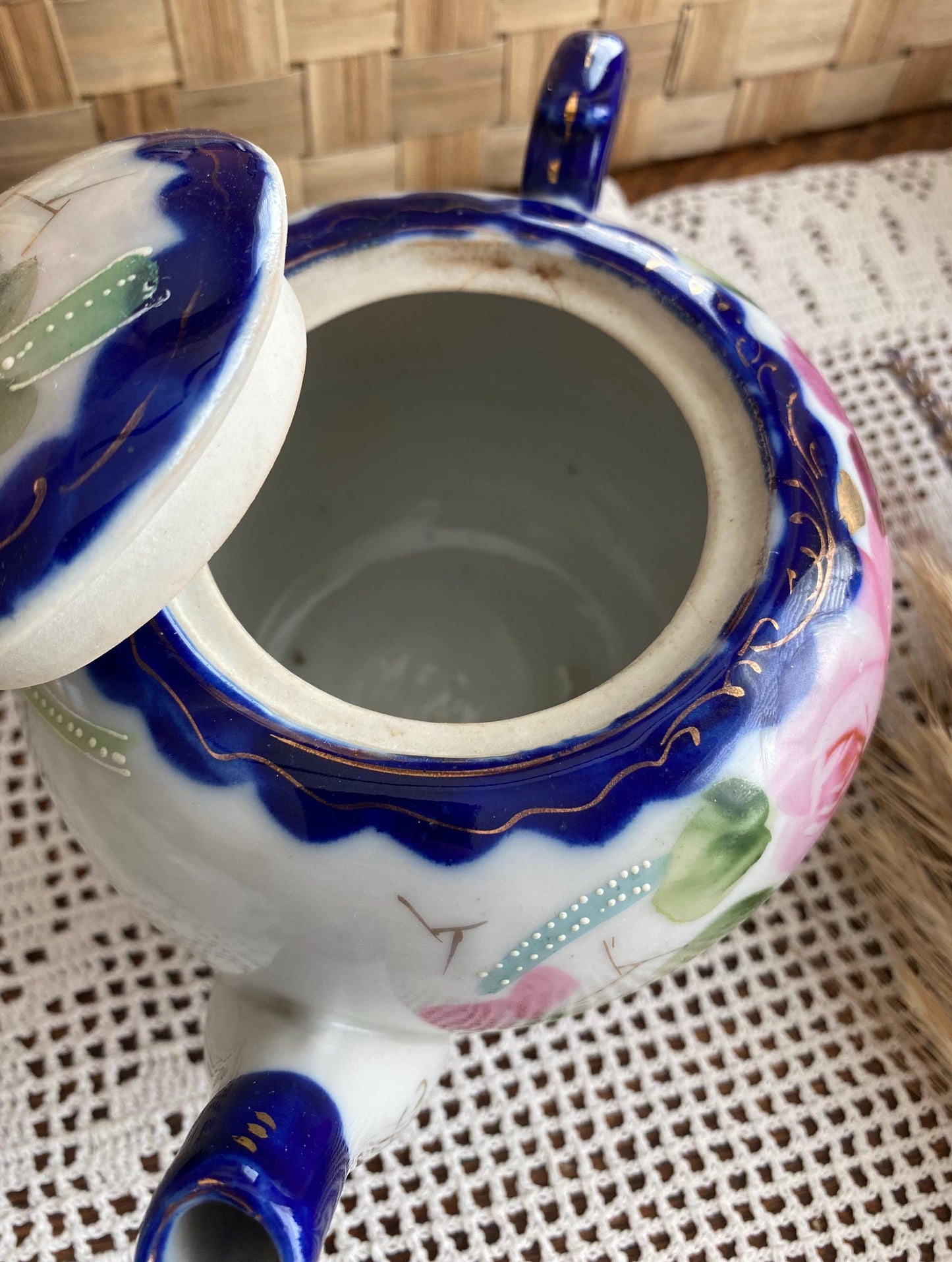 Nippon Tea Set, Teapot, Sugar Bowl, 3 Teacups, Japan, Hand-painted