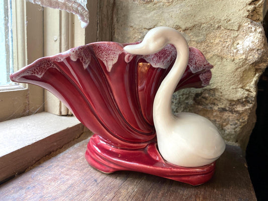 Vintage, Swan Planter, Cornucopia, Drip Glaze, Maroon and White, Ceramic